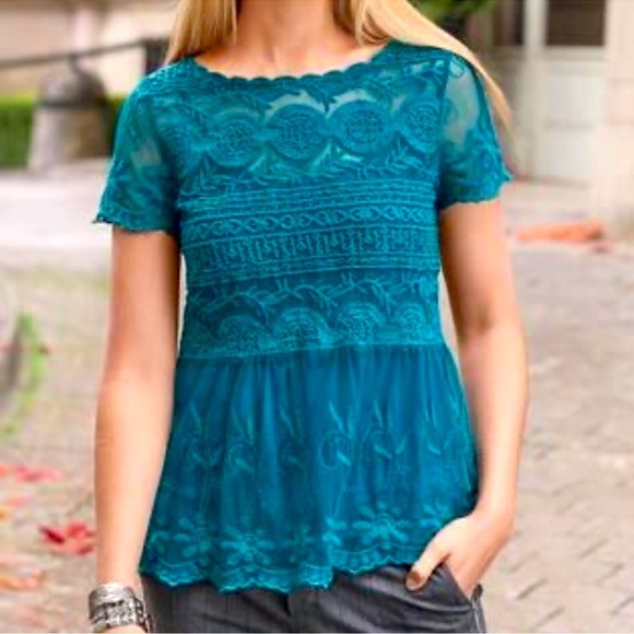 Sundance Tops - SUNDANCE Sheer Lace Embroidered Scalloped Green Teal Blue Romantic Blouse XS